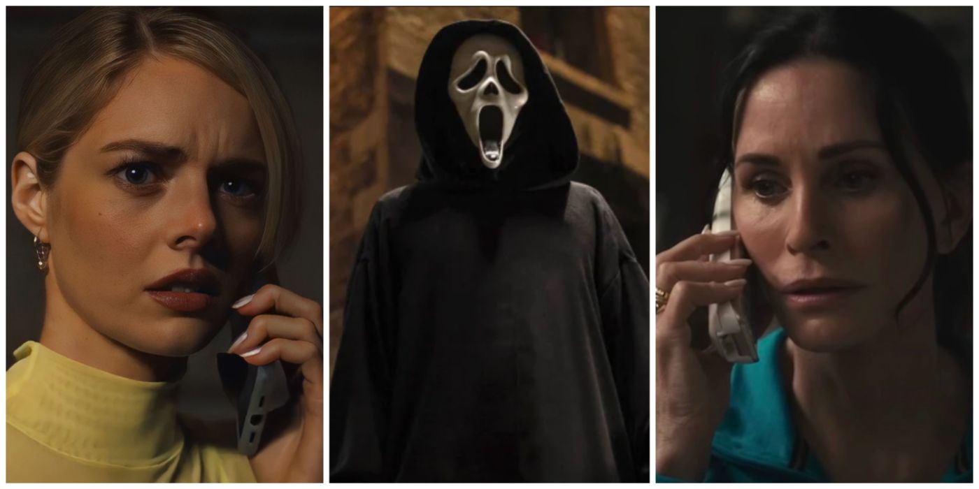 A split image of Laura, Ghostface, and Gale from Scream VI