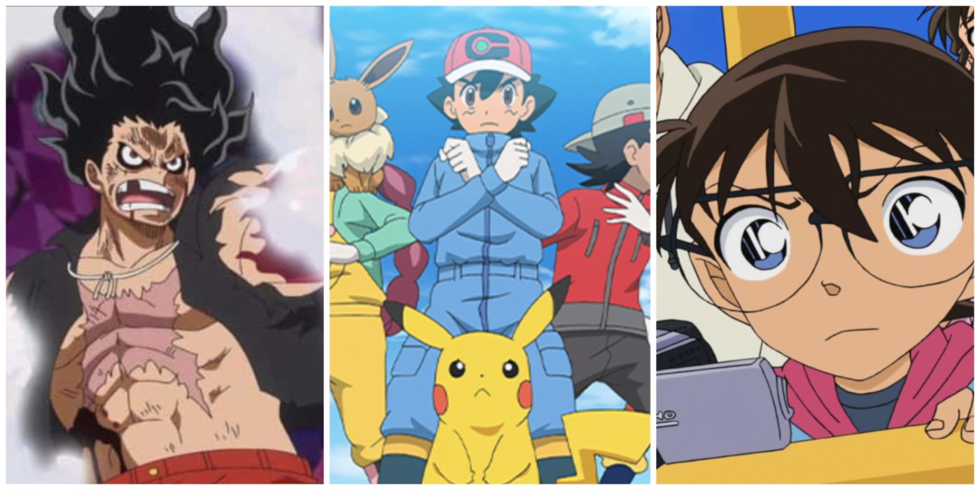 A split image of Luffy from One Piece, Ash from Pokemon, and Conan from Detective Conan
