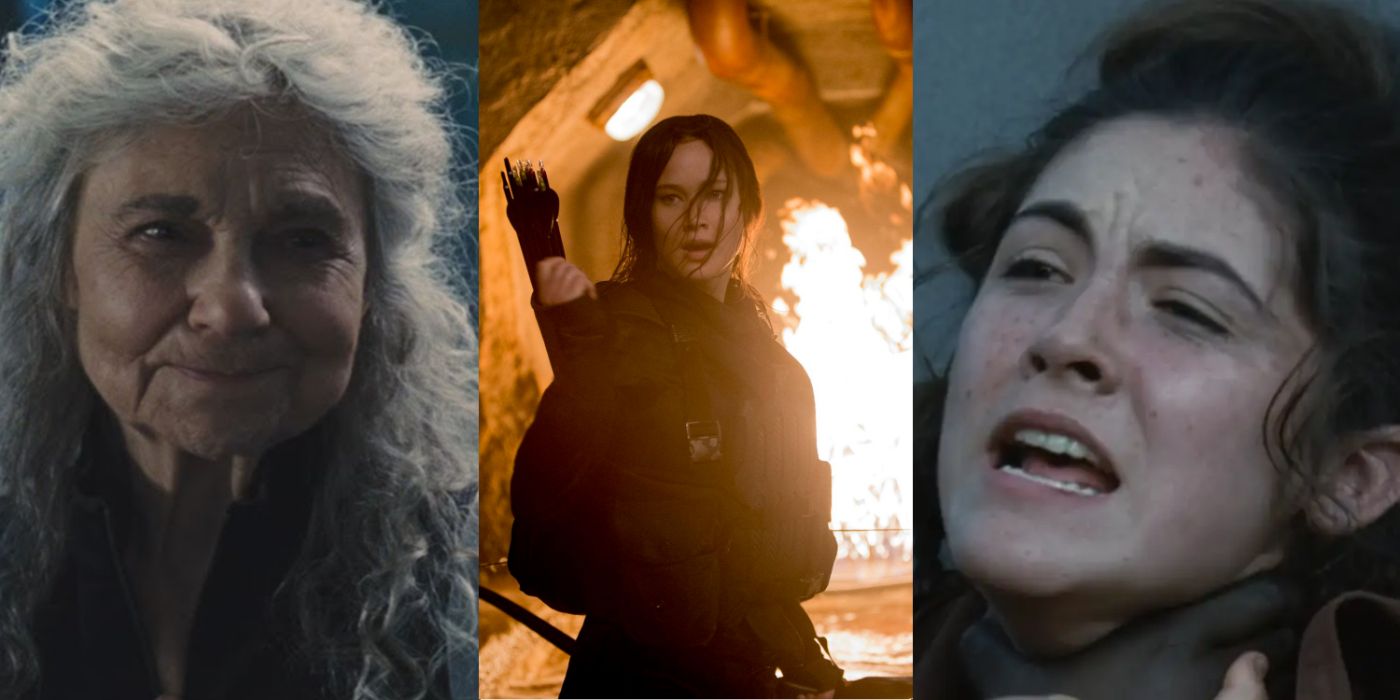A split image of Mags, Katniss Everdeen, and Clove in The Hunger Games movie franchise