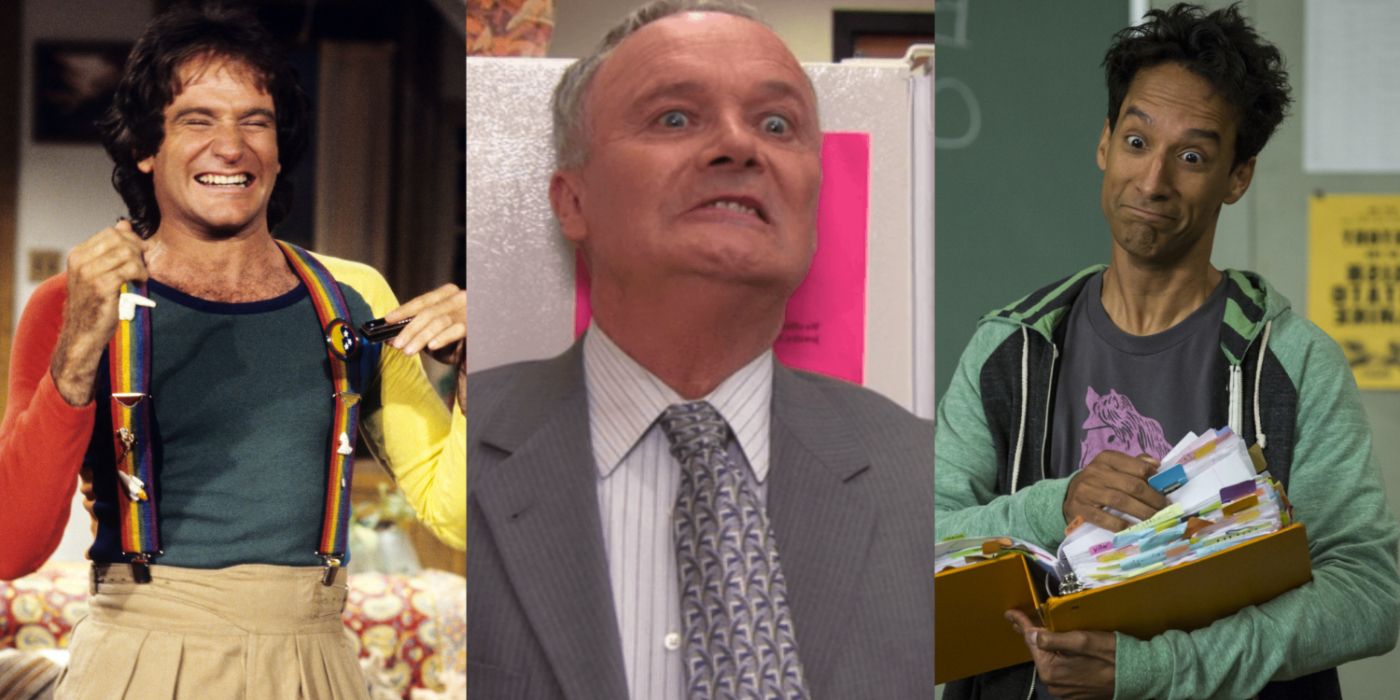 A split image of Mork from Mork and Mindy, Creed Bratton from The Office, and Abed from Community