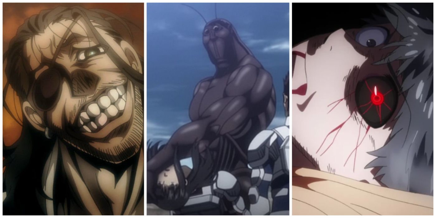 A split image of murderer from Drifters, cockroach from Terra Formars, and Ken Kaneki from Tokyo Ghoul.