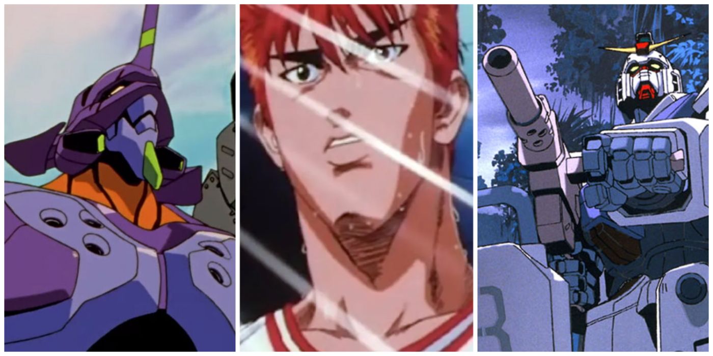 A split image of Neon Genesis Evangelion, Slam Dunk, and Gundam 08th MS Team