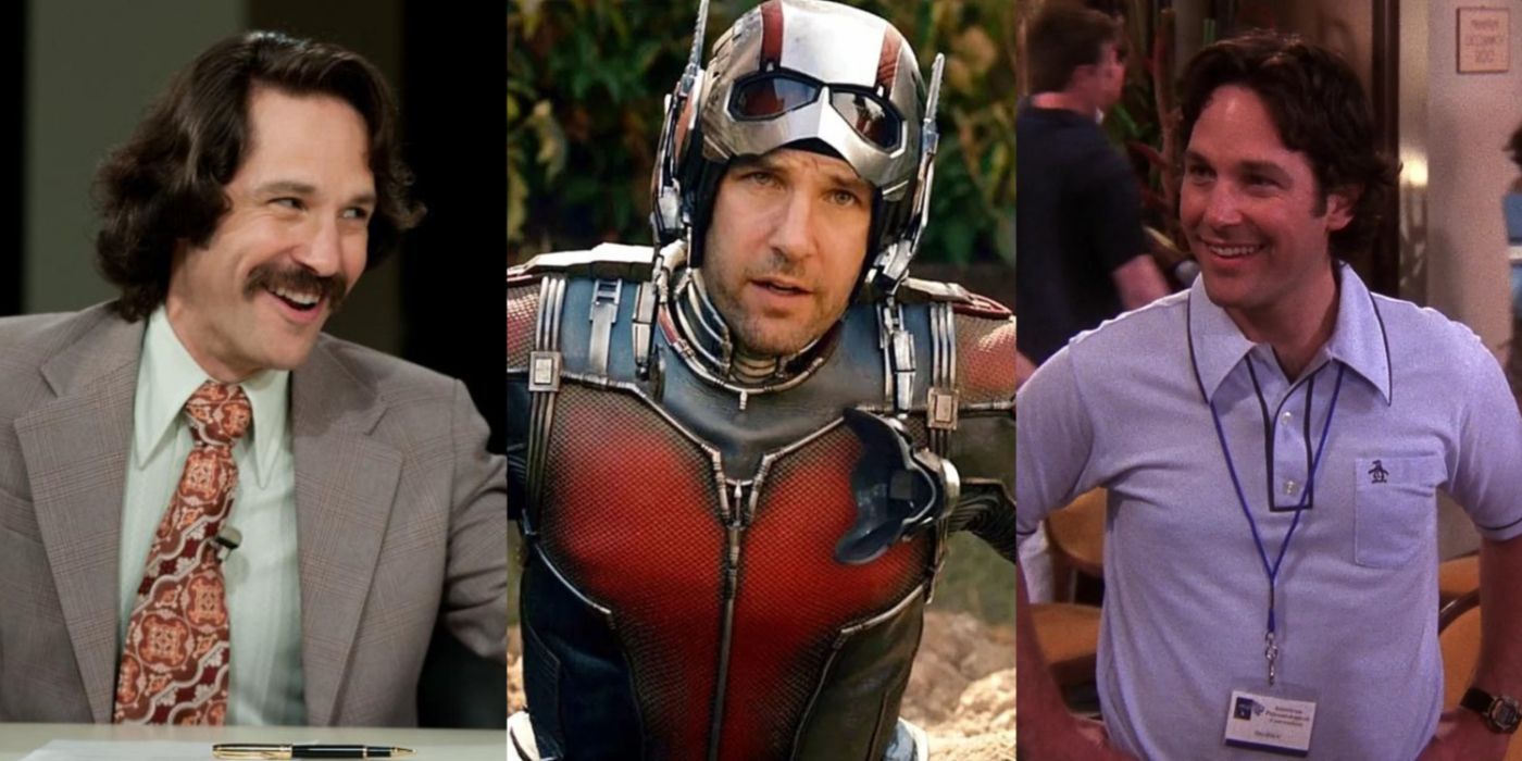 A split image of Paul Rudd in Anchorman, Ant-Man, and Friends
