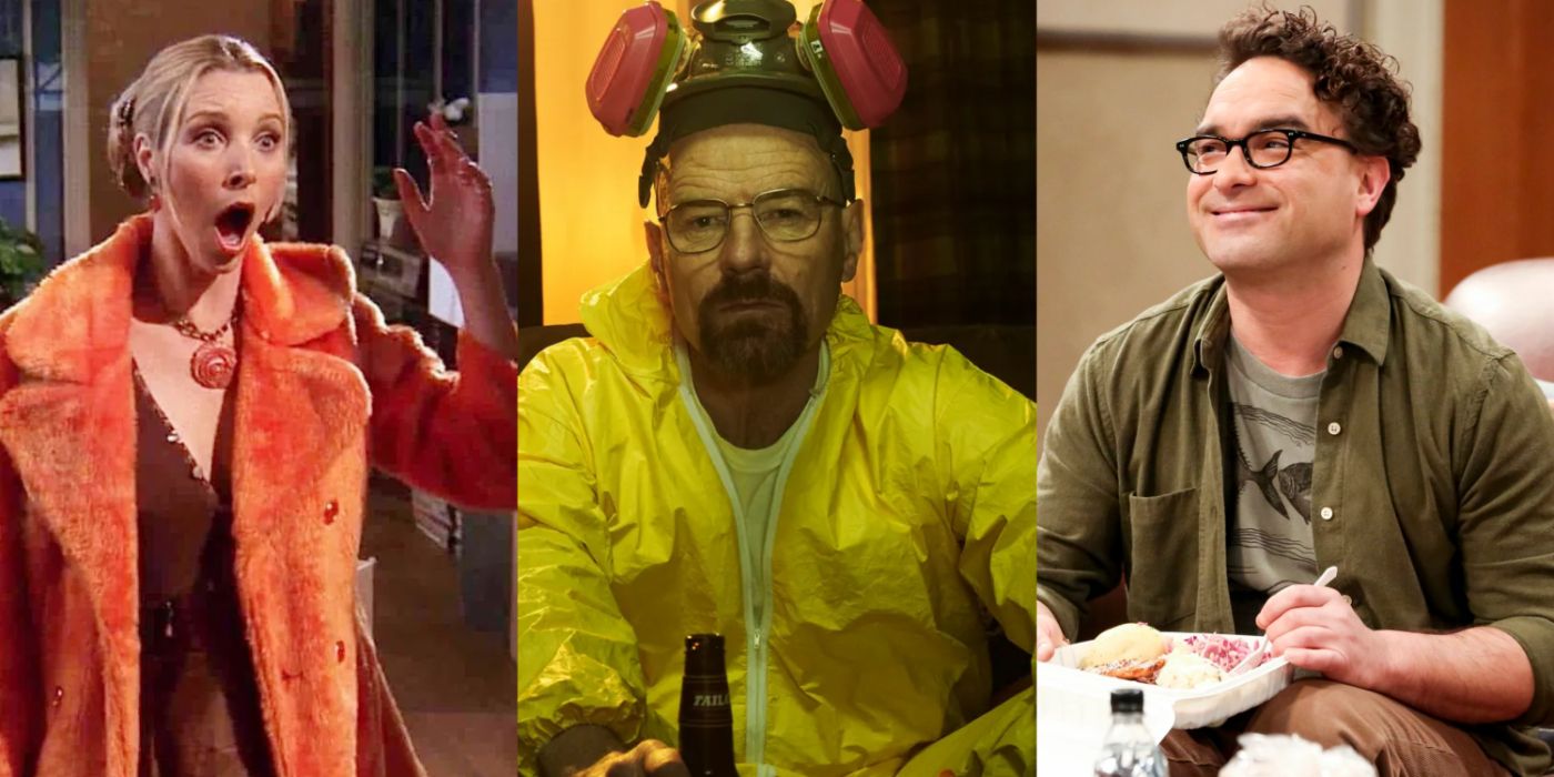 A split image of Phoebe from Friends, Walter White from Breaking Bad, and Leonard from The Big Bang Theory