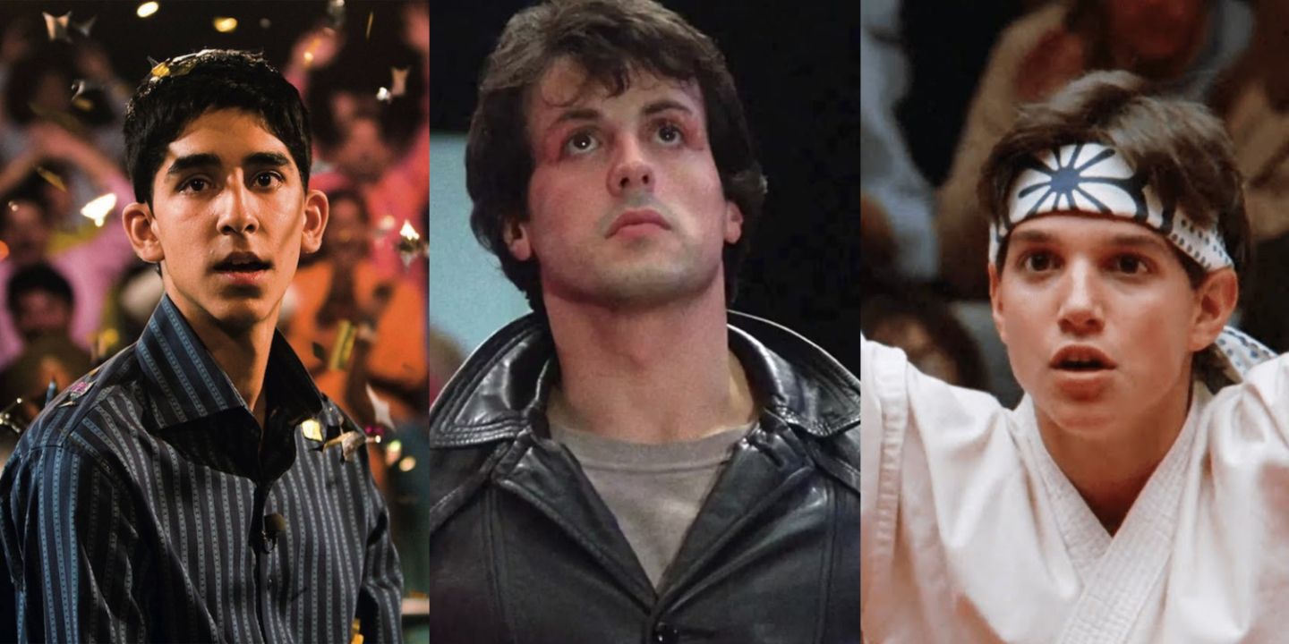 A split image of protagonists from Slumdog Millionaire, Rocky, and The Karate Kid looking up