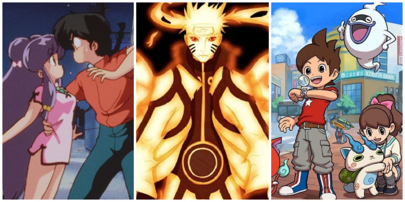 A split image of Ranma 1/2, Naruto Shippuden, and Yokai Watch anime.