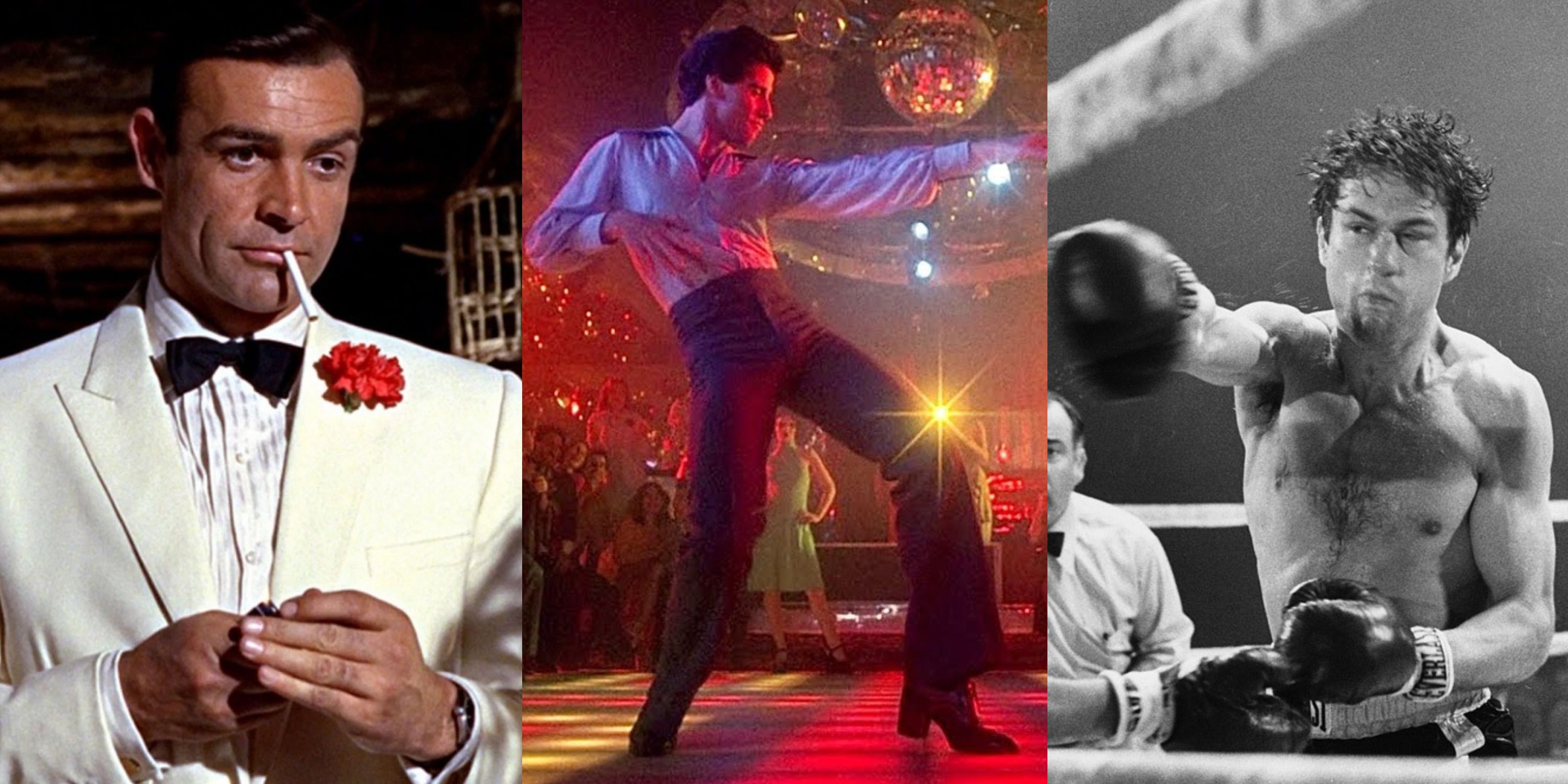 A split image of Sean Connery in Goldfinger, John Travolta in Saturday Night Fever, and Robert De Niro in Raging Bull-1