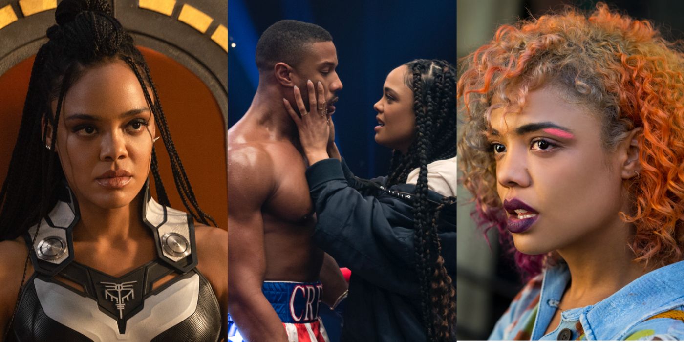 A split image of Tessa Thompson in Thor: Love And Thunder, Creed, and Sorry To Bother You