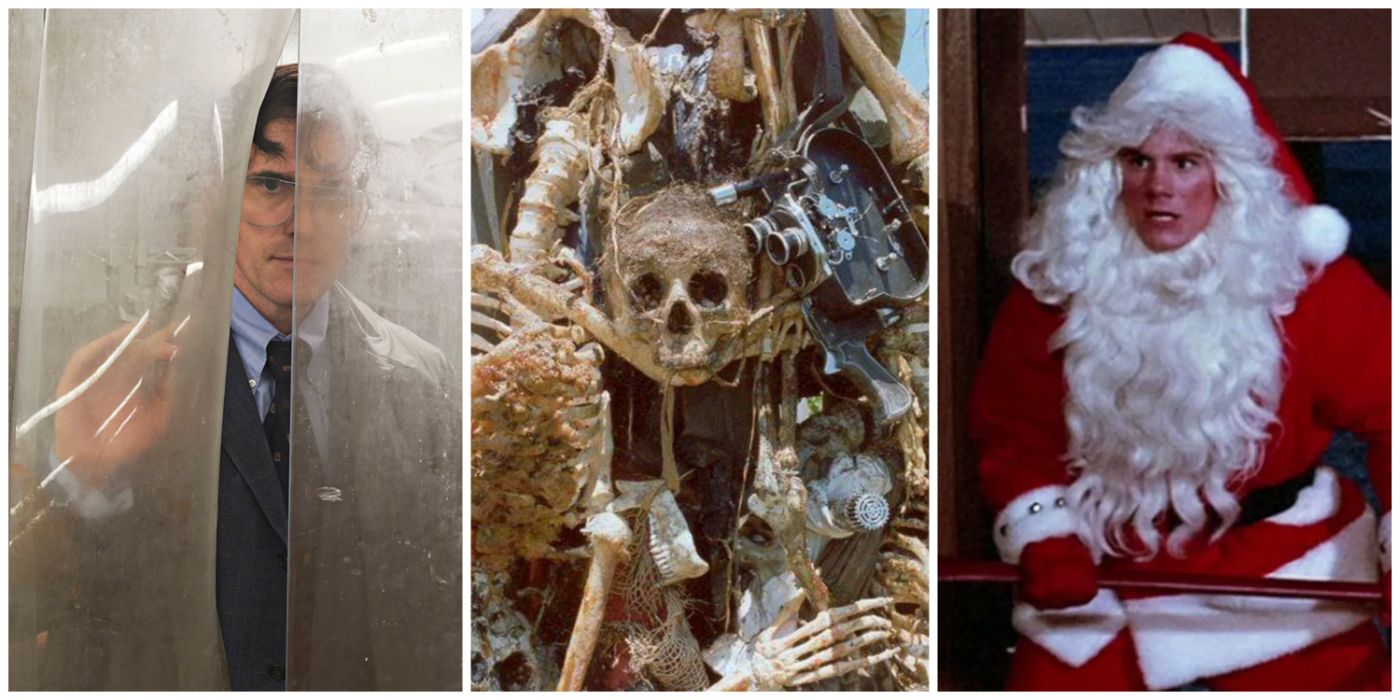 A split image of The House That Jack Built, Cannibal Holocaust, and Silent Night, Deadly Night