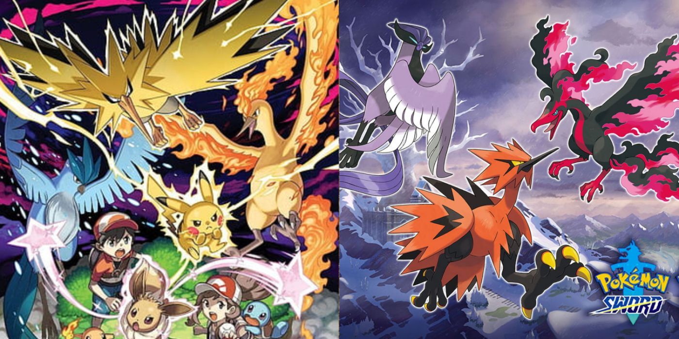 A split image of the Legendary Bird Trio in Kanto and Galar from Pokemon