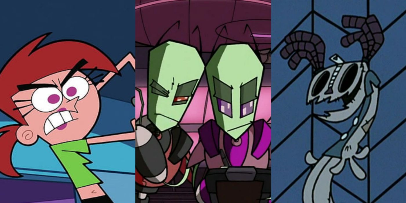 A split image of Vicky from The Fairly OddParents, Almighty Tallest from Invader Zim, and Exo-Skin from My Life As A Teenage Robot