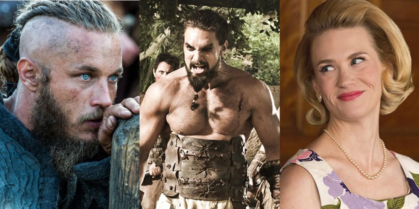 A split image of Vikings, Game of Thrones, and Mad Men