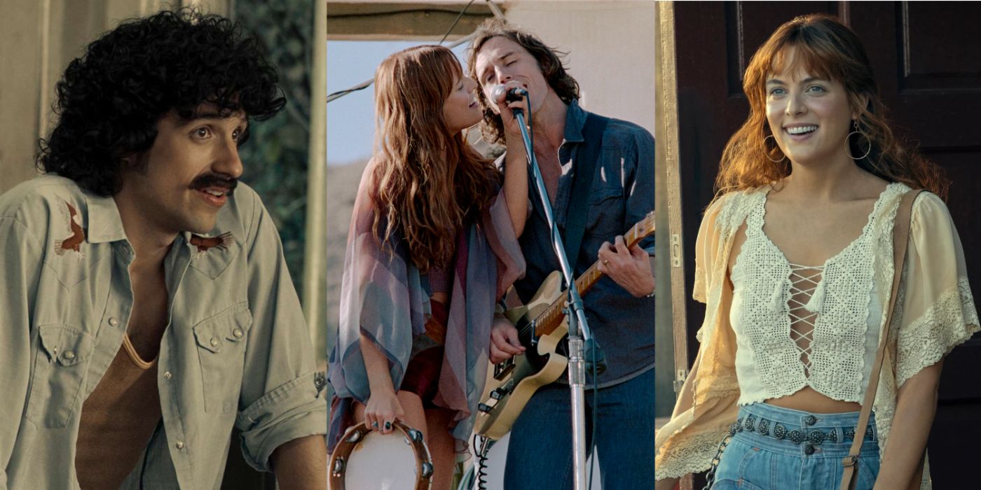 A split image of Warren, The Six, and Daisy in Daisy Jones & The Six