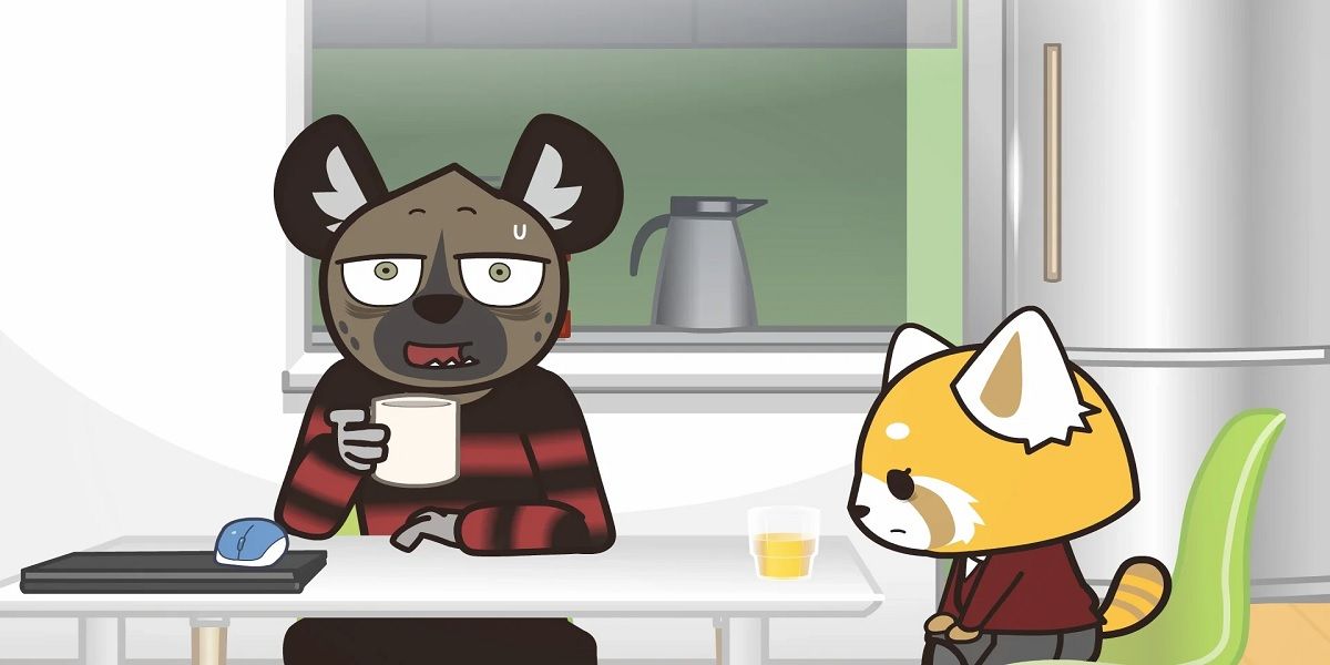 Retsuko and Haida sit together with an unspoken tension while drinking tea from Aggretsuko