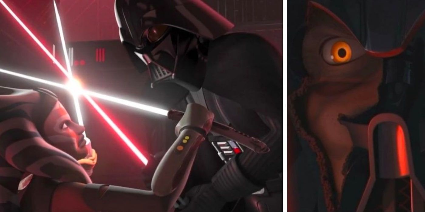 Um close do capacete danificado de Darth Vader e uma foto de Ahsoka e Vader lutando