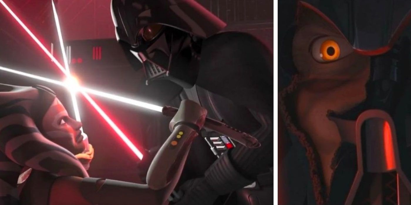 Um close-up do capacete danificado de Darth Vader e uma foto de Ahsoka e Vader lutando