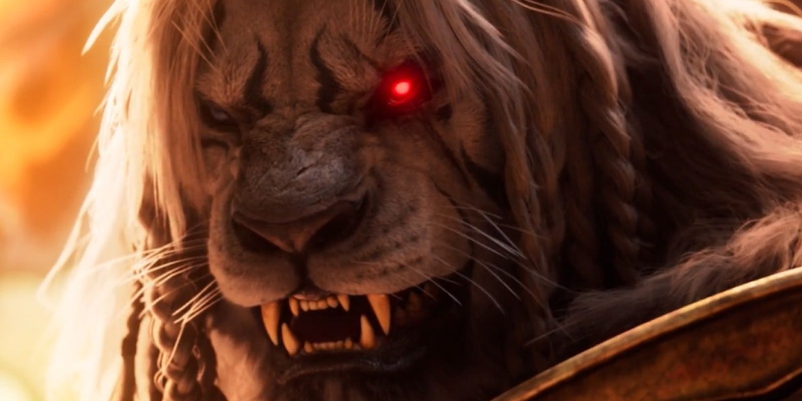 ajani goldmane in his compleated form with a glowing red eye in mtg