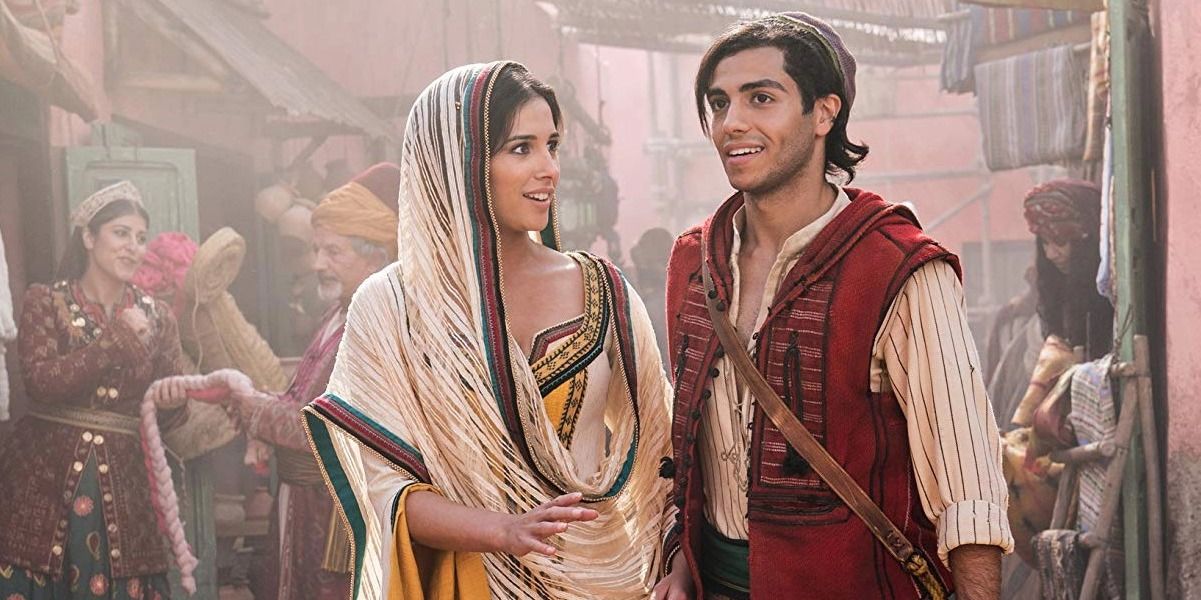 Aladdin and Jasmine in a market in the live-action Aladdin movie