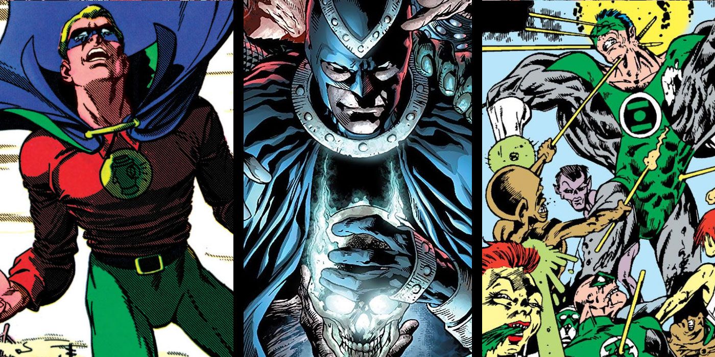 split image of Golden Age Green Lantern, Black Hand holding Batman's skull and Sodam Yat vs aliens