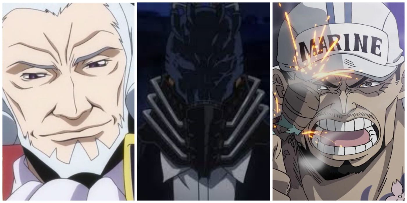 All For One from My Hero Academia, Akainu from One Piece, and Charles from Code Geass split image.