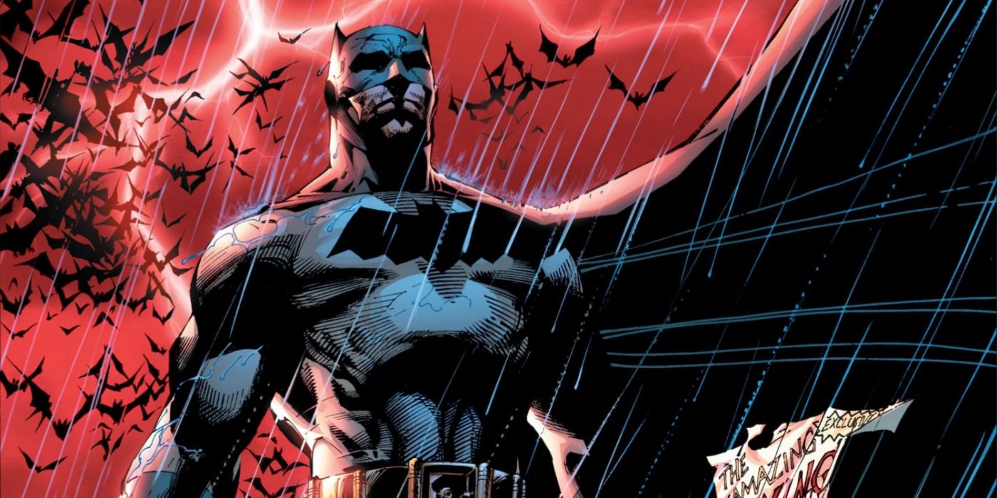 Batman standing in the rain as lightning strikes and bats swarm around him.