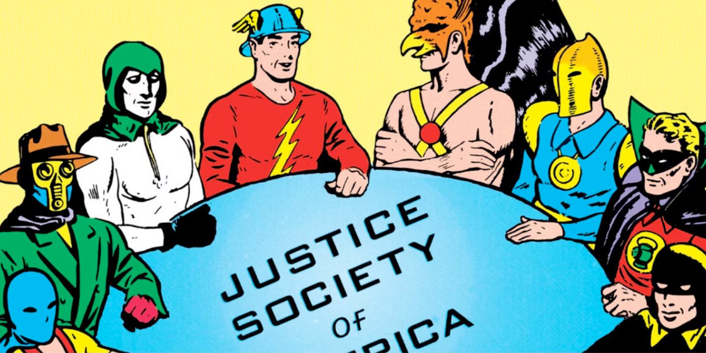 A Sociedade da Justiça original sentada na mesa redonda em All-Star Comics #3 da DC Comics