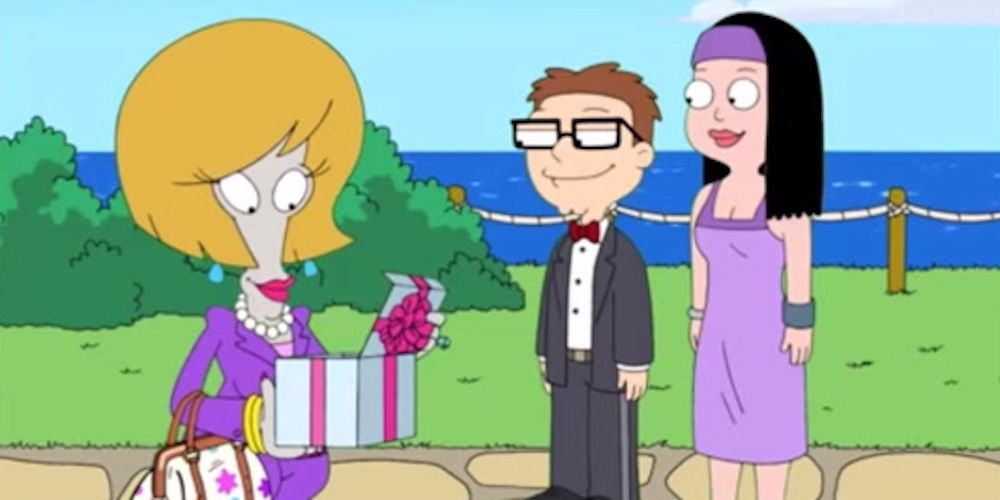 Roger as his persona, Jeannie Gold, helps out Hayley and Steve at a wedding in American Dad