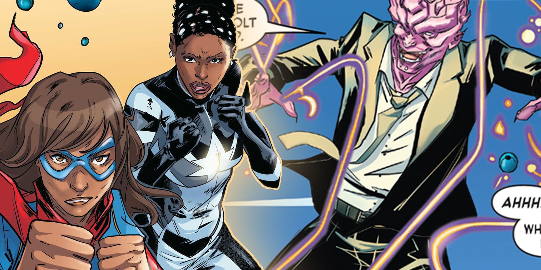 On the left, Photon and Ms Marvel have fists at the ready for a fight. On the right, Lineage flies with strings of light energy winding around him. 