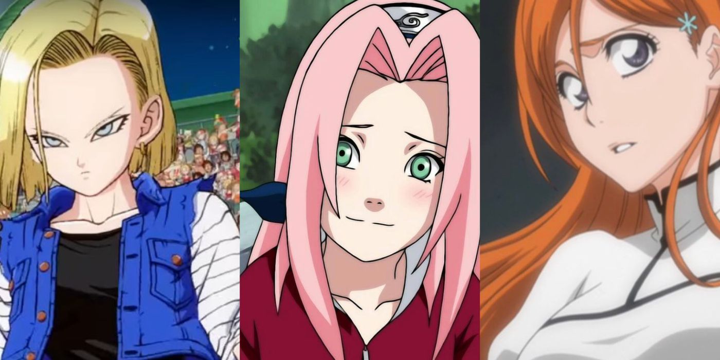 Android 18 from Dragon Ball (left), Sakura Haruno from Naruto (center), and Orihime from Bleach (right).
