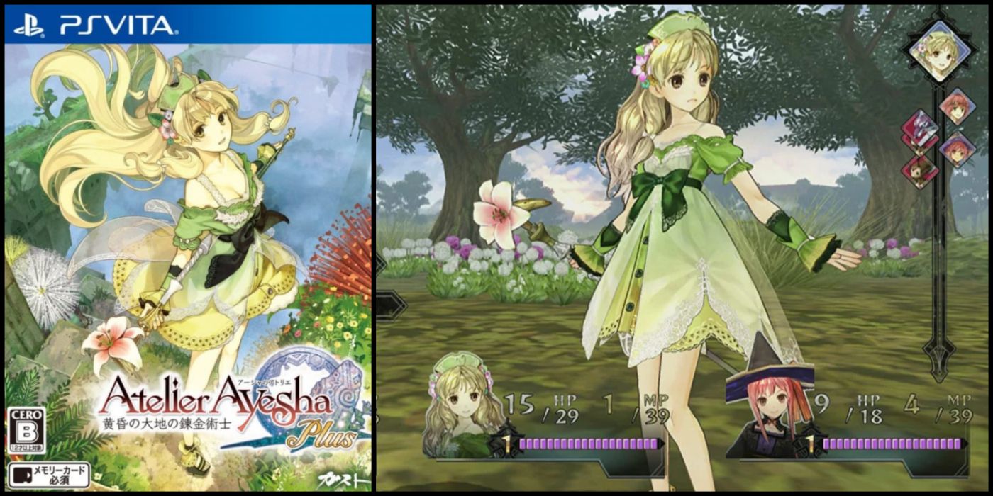 Uma imagem dividida da capa do jogo e da jogabilidade de Atelier Ayesha Plus The Alchemist Of Dusk