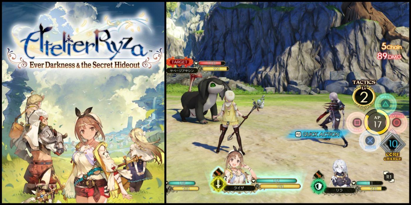 Uma imagem dividida da capa do jogo e da jogabilidade de Atelier Ryza Ever Darkness And The Secret Hideout