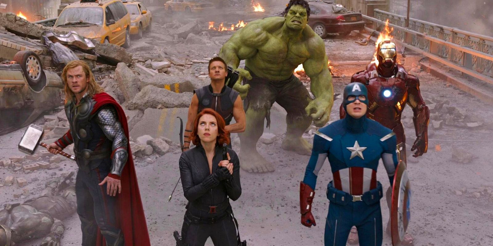 The original Avengers standing together while looking up