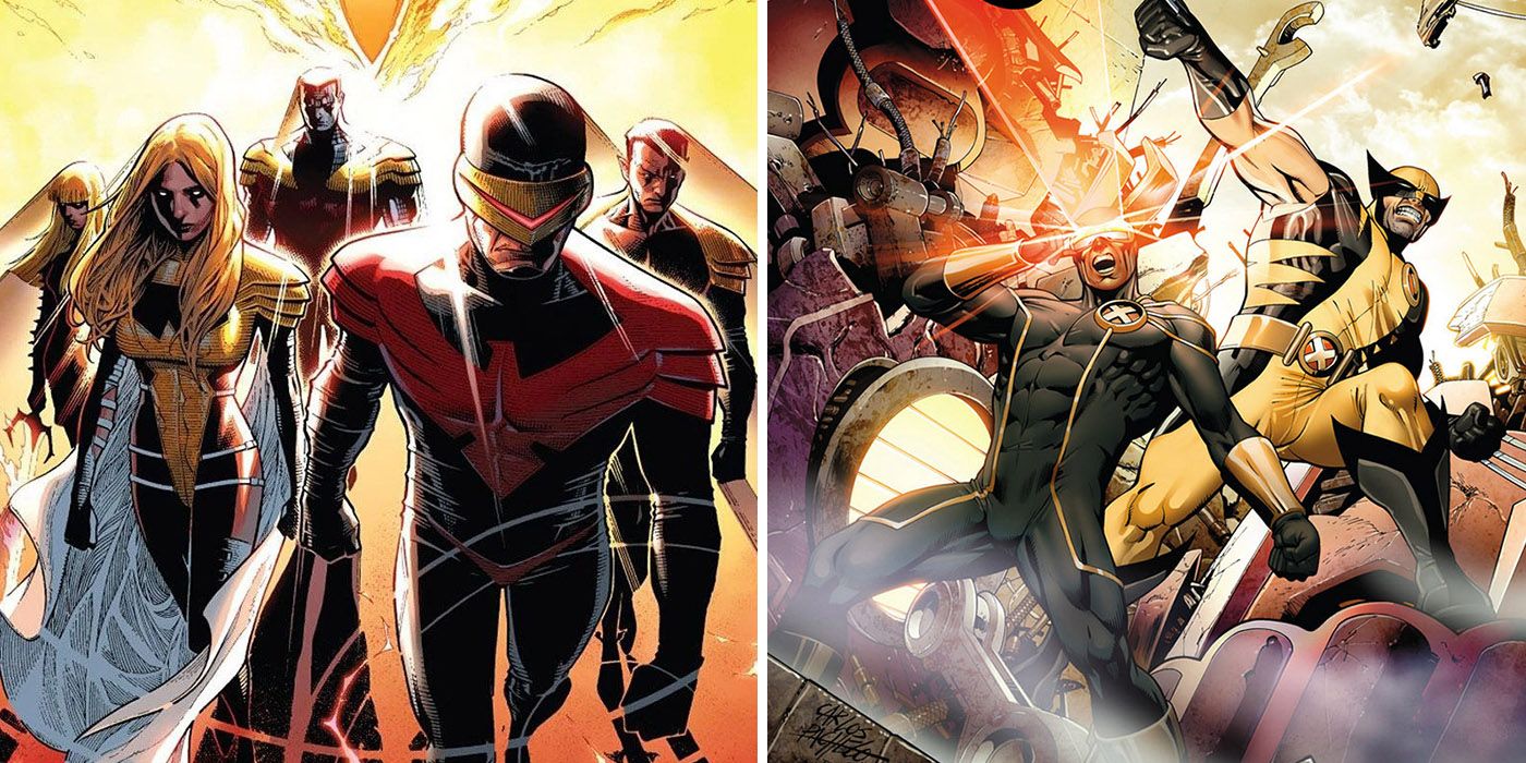 split image of the Phoenix Five in Avengers vs. X-Men and Cyclops and Wolverine fighting in Schism
