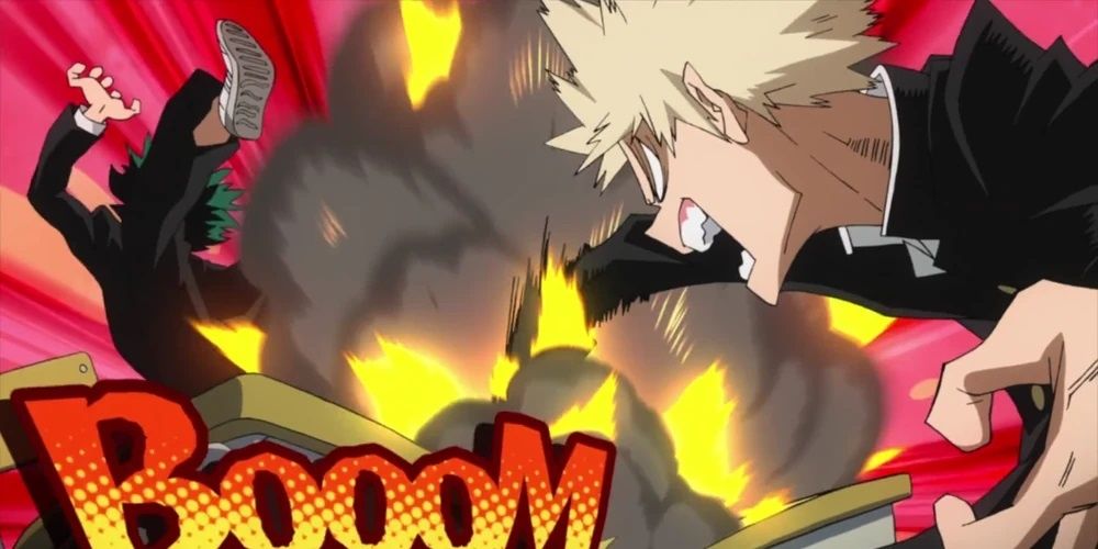 Bakugo launches an attack at Deku at U.A. High in My Hero Academia