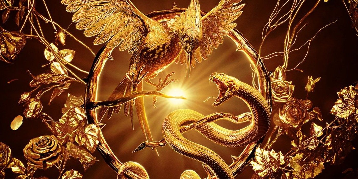 The Ballad of Songbirds and Snakes poster features a golden bird and snake surrounded by roses.