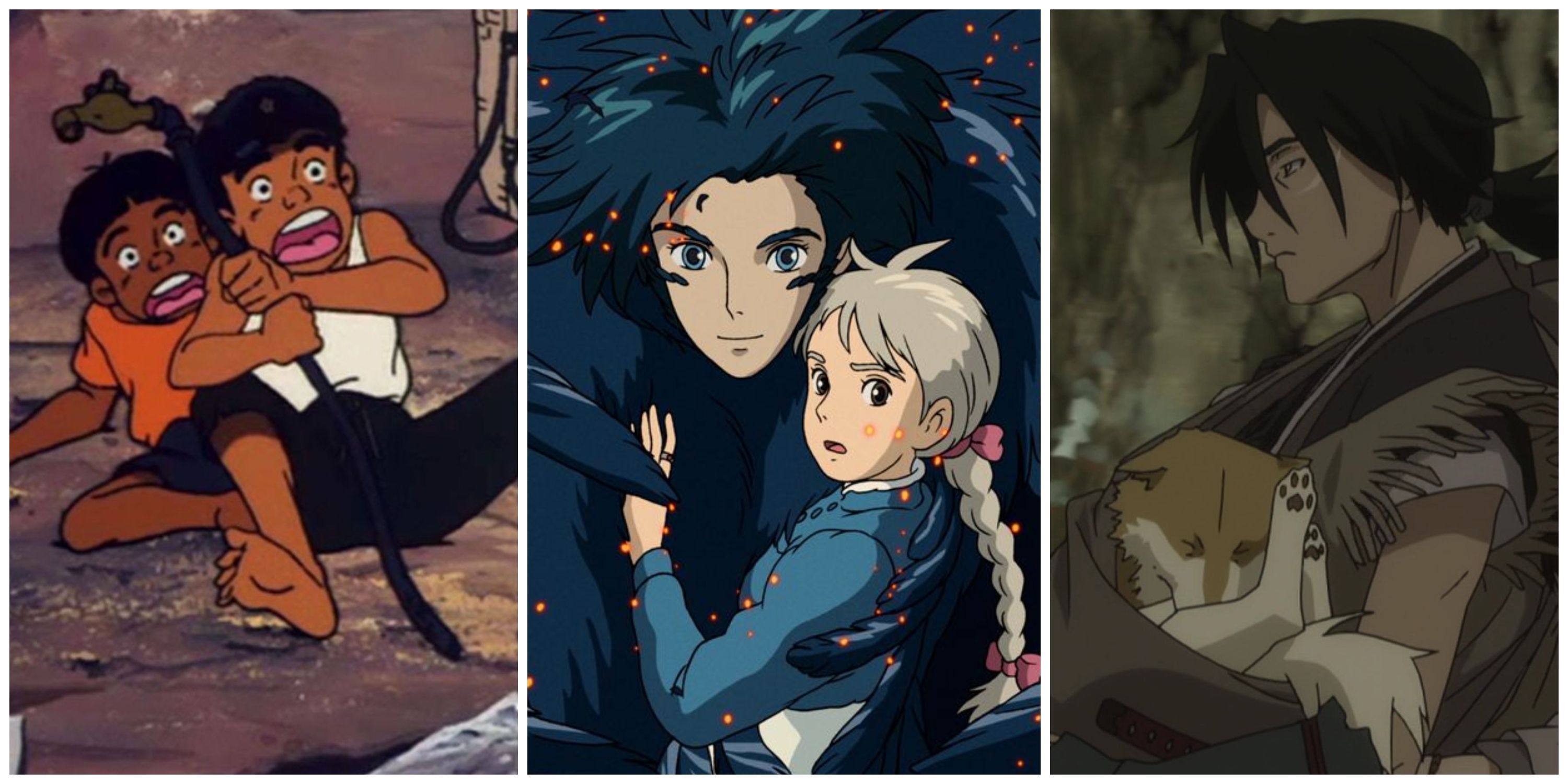 Two characters cowering in fear in Barefoot Gen 2, Howl holding Sophin in Howl's Moving Castle, and a character holding a dog in Sword of the Stranger.