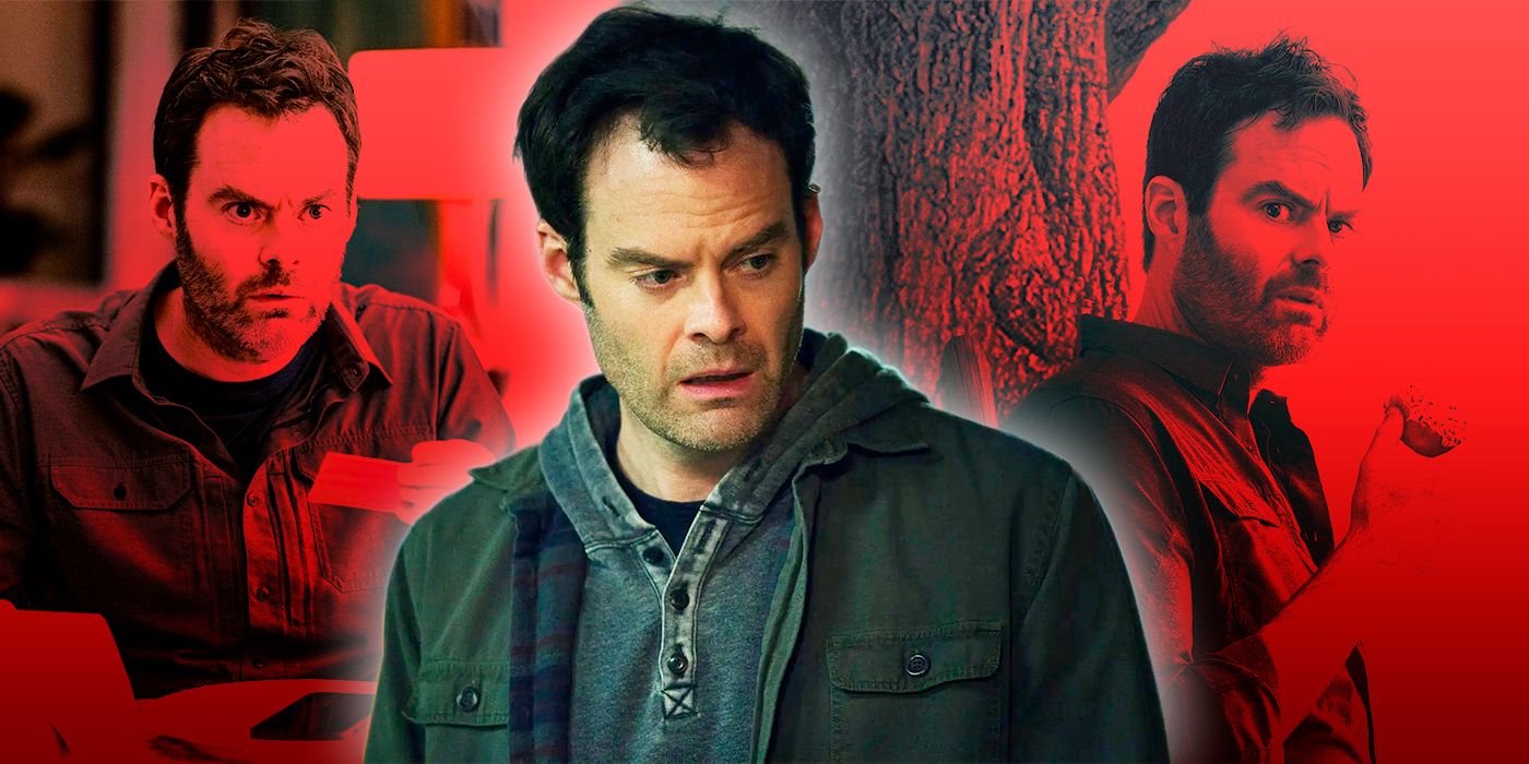 Barry, played by Bill Hader, in front of a red background depicting him in past seasons.