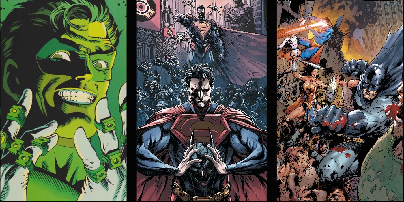split image of Hal Jordan possessing Green Lantern rings, Superman in the Injustice universe, and the Justice League infighting