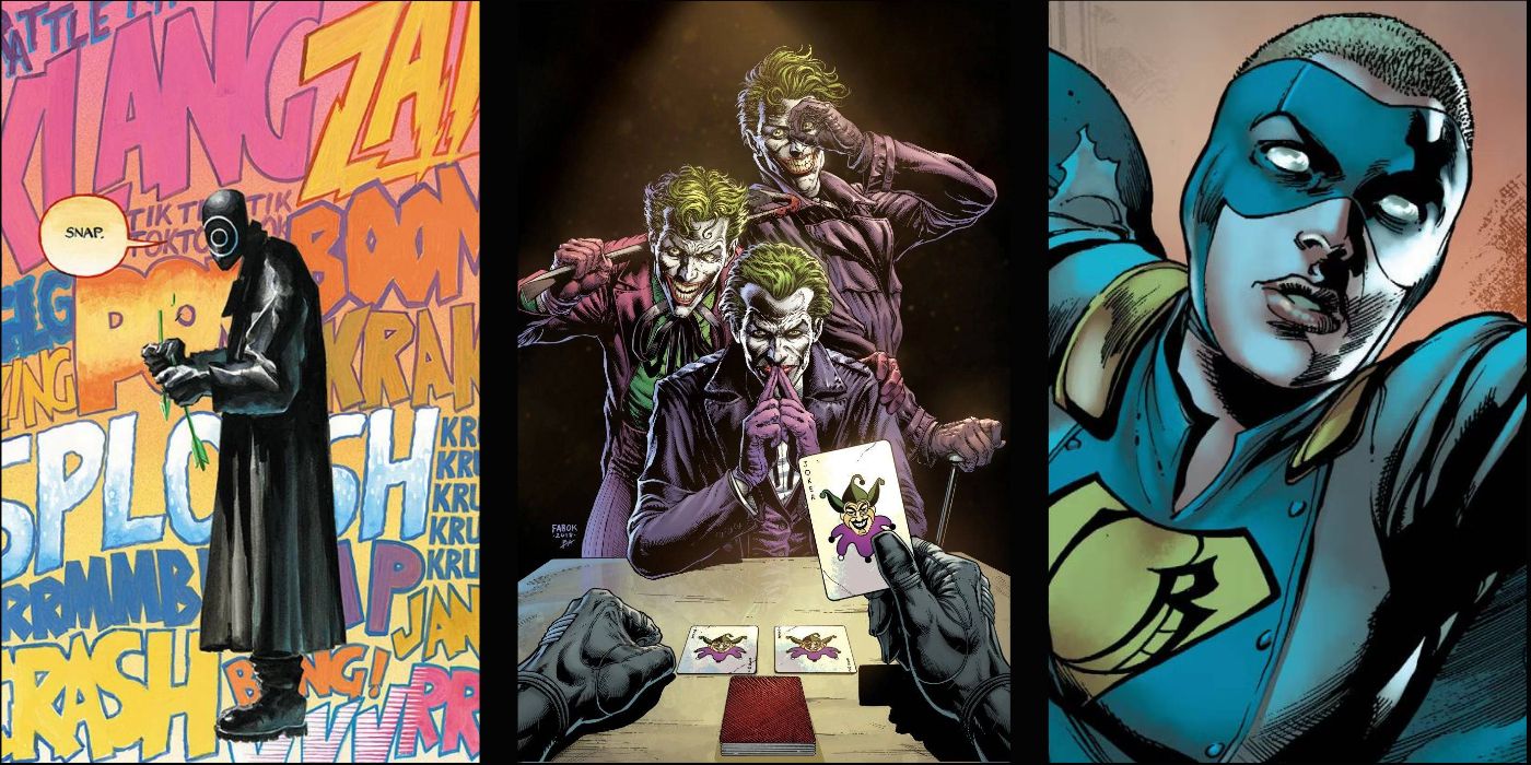 Split image of Onomotopeia, Three Jokers, and Gotham Girl in Batman comics