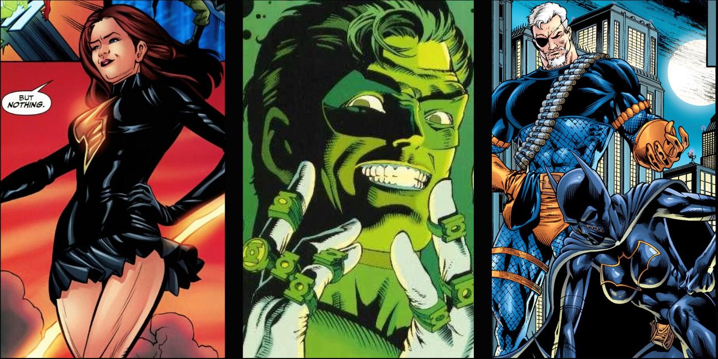 split image of DC characters Mary Marvel, Hal Jordan and Batgirl being corrupted