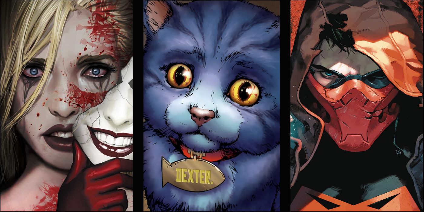 split image of Harley Quinn, Dexter the cat, and Red Hood in DC Comics