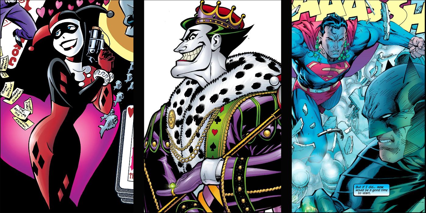 Harley Quinn in Mad Love, Emperor Joker and a Poison Ivy-charmed Superman attacks Batman in a split image
