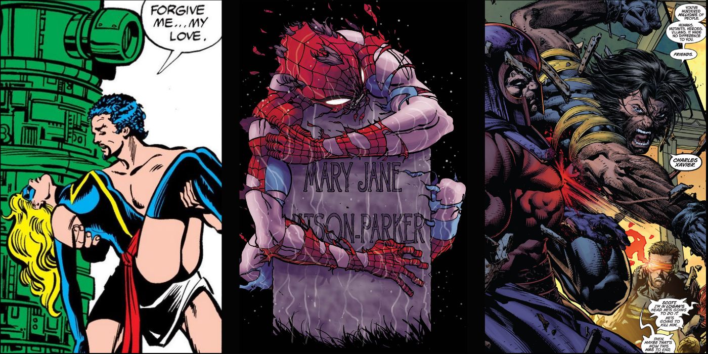 Split image of Ms. Marvel in Avengers #200, Spider-Man hugging MJ's grave in Reign and Wolverine vs Magneto in Ultimatum
