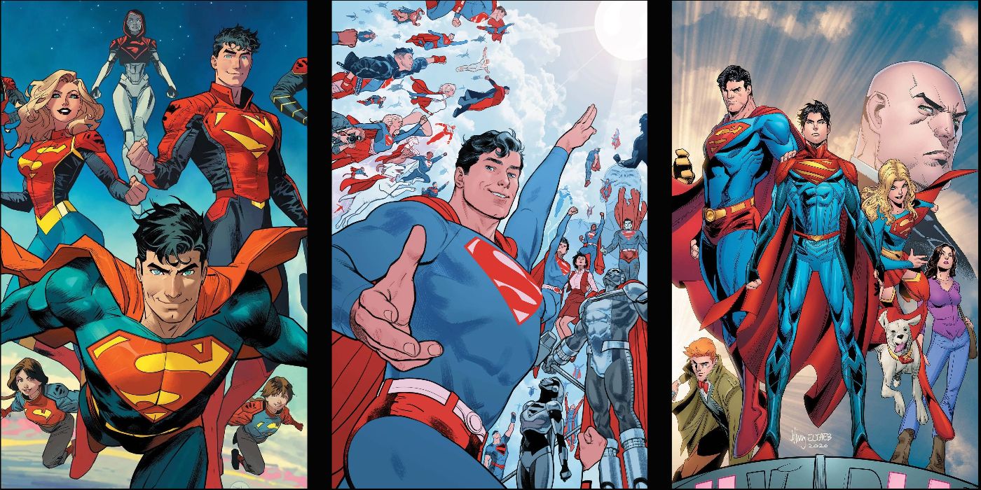 Split image of Superman leading his Super family with Superboy, Supergirl, Jon Kent and more