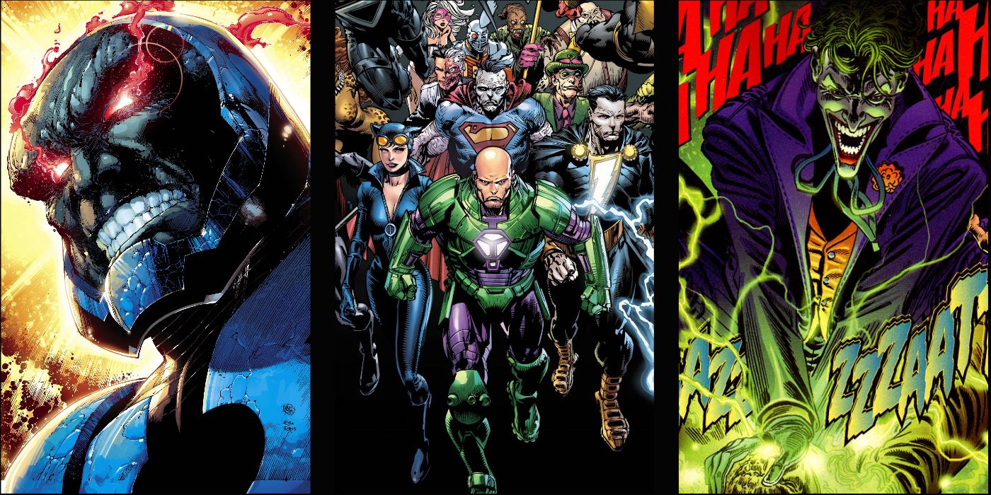 split image of Darkseid, Lex Luthor in Forever Evil and the Joker