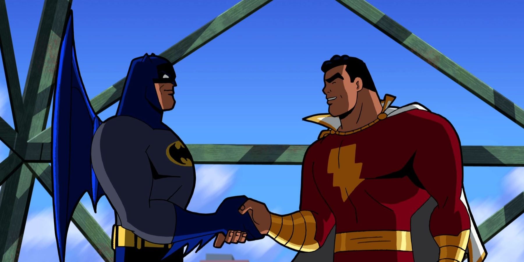 An animated Batman and Shazam shake hands.