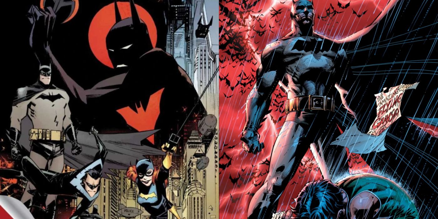 Split image of Batman Beyond 2.0 with the Gotham Knights, and All-Star Batman & Robin under a red storm