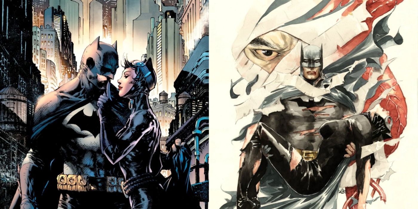 Split image of Batman and Catwoman in Hush and Batman carrying Catwoman in Heart of Hush cover art.
