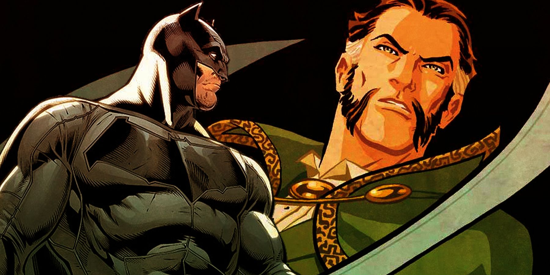 Batman looks on at Ra's Al Ghul in the background wielding a sword. 