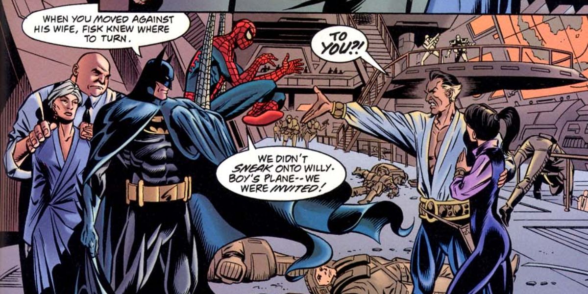 Spider-Man and Batman talking to their enemies from Batman & Spider-Man: New Age Dawning.